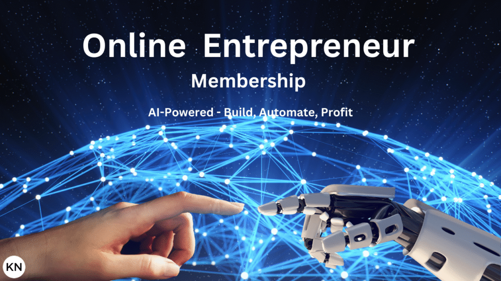 Image of a human hand and robotic hand connecting through a global grid with text Online Entrepreneur Membership